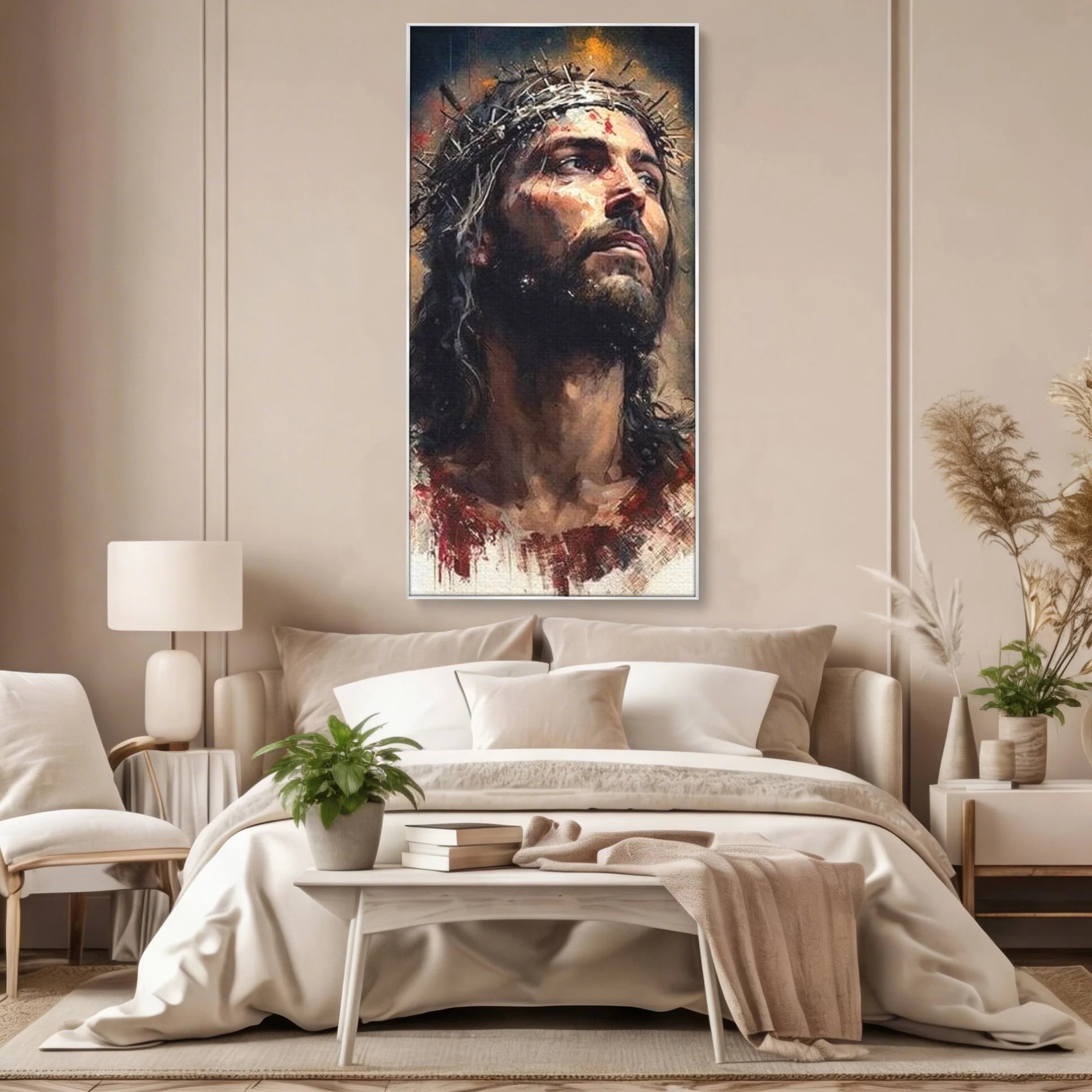 Tablou canvas cu tablou cu iisus purtand coroana de spini, in rama de aluminiu argintiu, pe perete intr-un dormitor